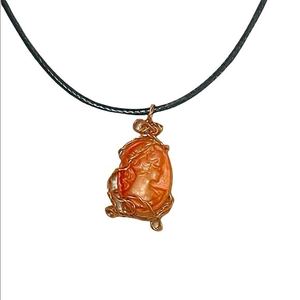 Handmade peach/orange‎ tone cameo copper wire black leather brass clasp necklace